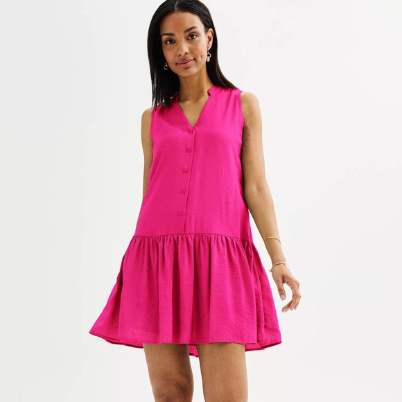 NWOT Nine West Fuchsia Pink Sleeveless Button Front Ruffle Hem Dress Size Large - Picture 1 of 9